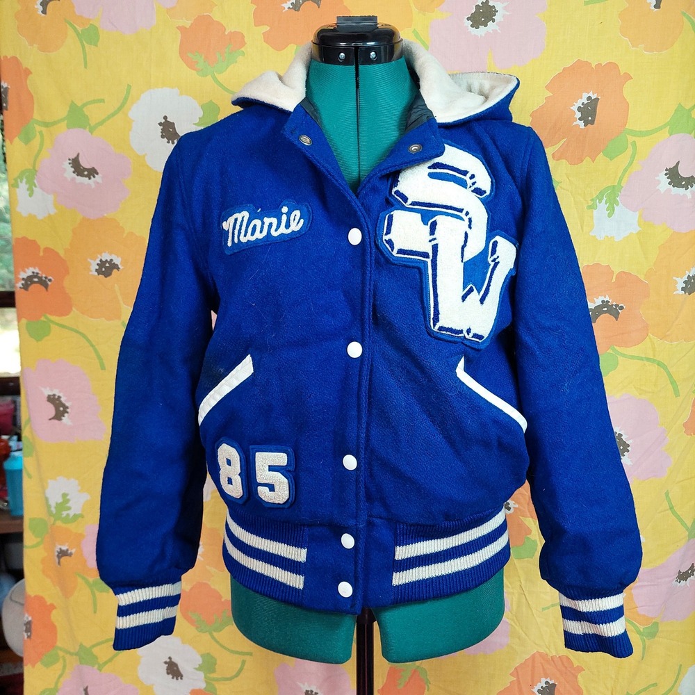 Vintage 1985 Letterman Varsity Jacket Blue White Zip Hood Marie Medium